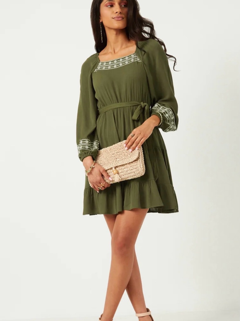 Hayden Los Angeles Olive Embroidered Long-Sleeve Tiered Tie Waist Mini Dress
